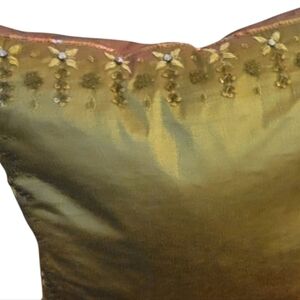 VTG Pillow Embellished Gold Fabric Beaded Pattern Sequence India 1990, 17" X 17"